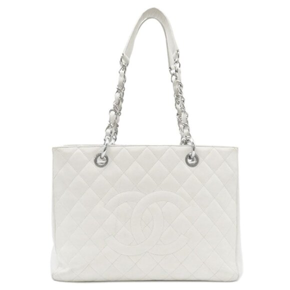 Authentic Chanel GST Caviar Grand Shopping Tote Quilted Shoulder Bag White Chain - Picture 1 of 10